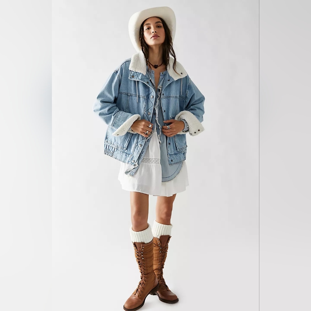 We The Free Ariel Cozy Denim Bomber Jacket